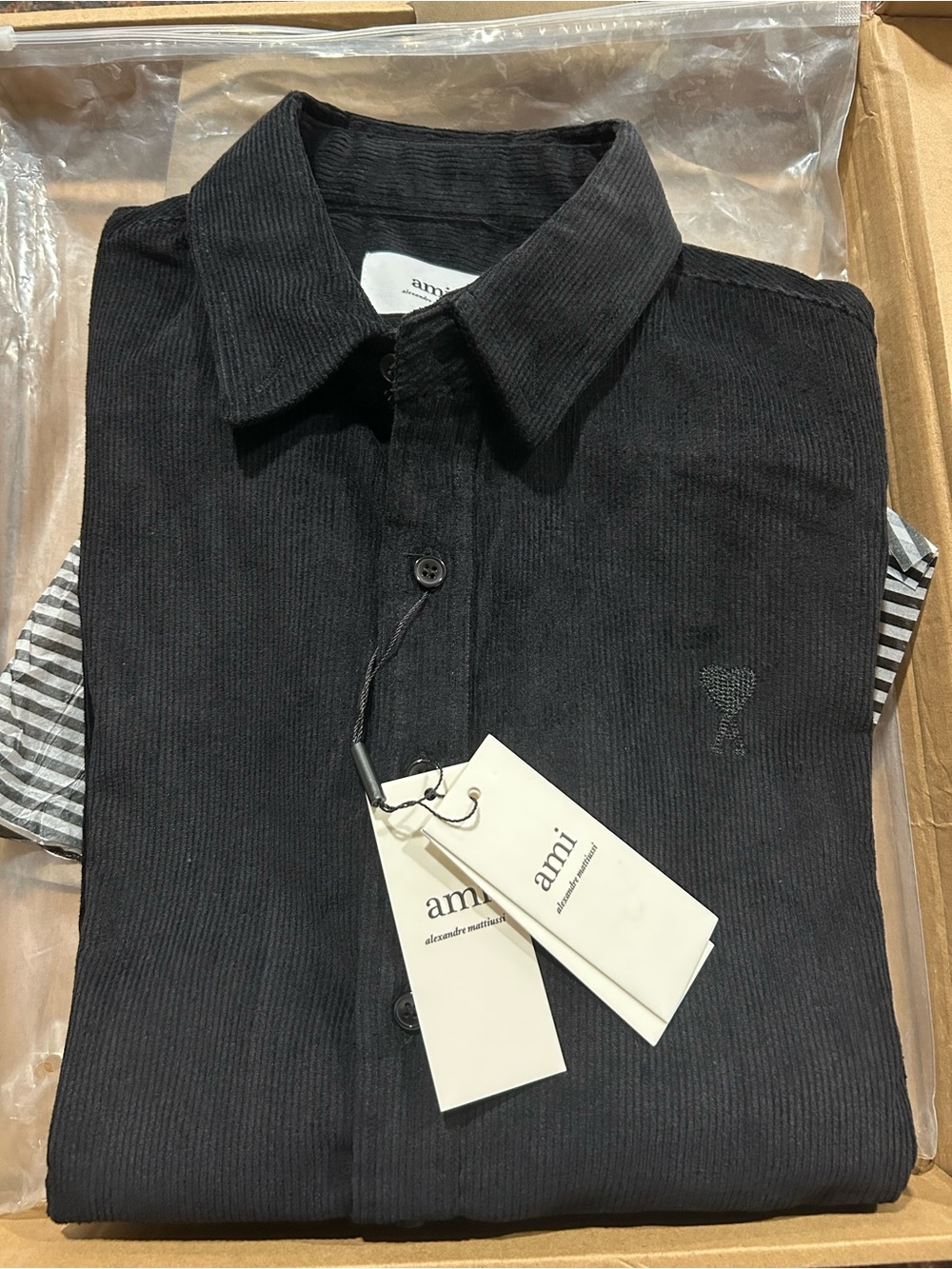 Ami Men’s Black Corduroy Button-Down Shirt with Embroidered Heart